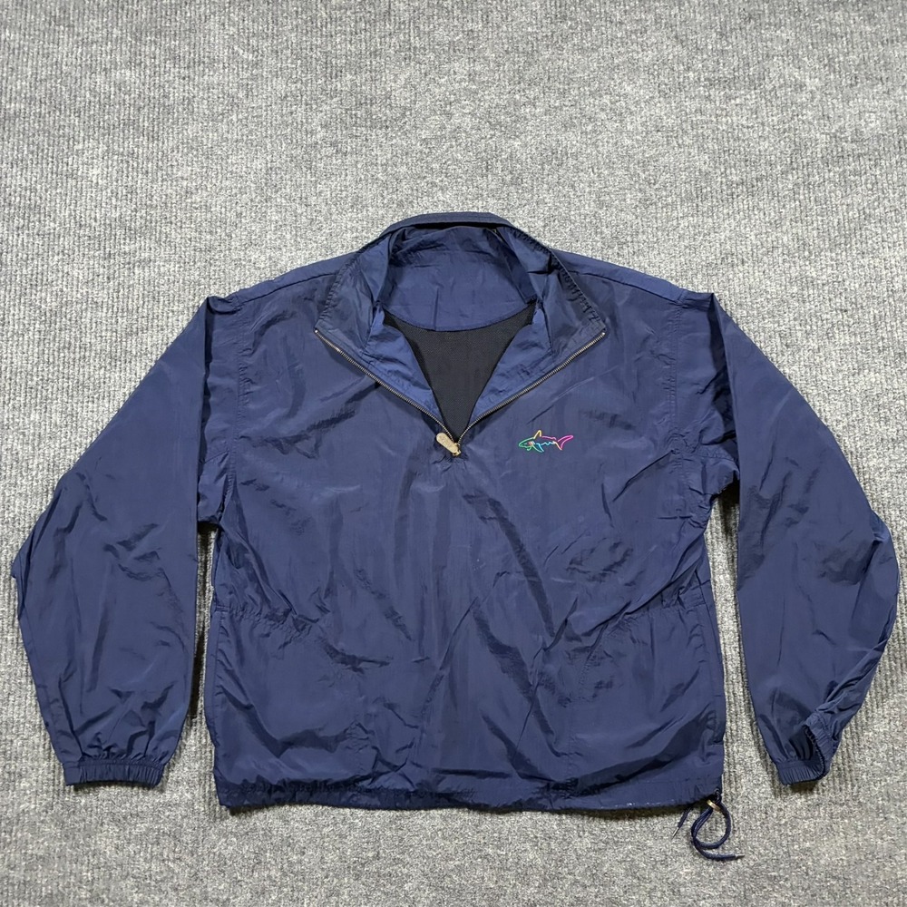 Vintage Greg Norman Shark Mens Windbreaker Jacket L Navy 90s Quarter Zip Golf